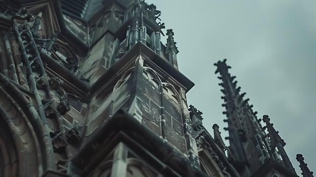 AI generated Neogothic Cathedral Spire Intricate Stonework and Flying Buttresses Captured in CloseUp photo