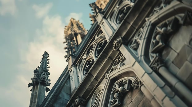 AI generated Neogothic Cathedral Spire Intricate Stonework and Flying Buttresses Captured in Detailed 50mm Closeup photo