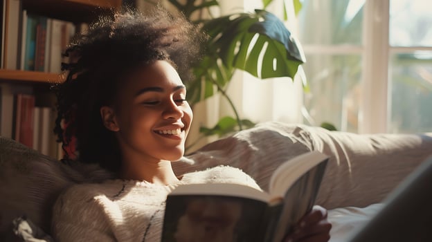 AI generated Young Woman Smiles in Wireless Headphones Engrossed in Modern Music with Sleek Smartphone photo