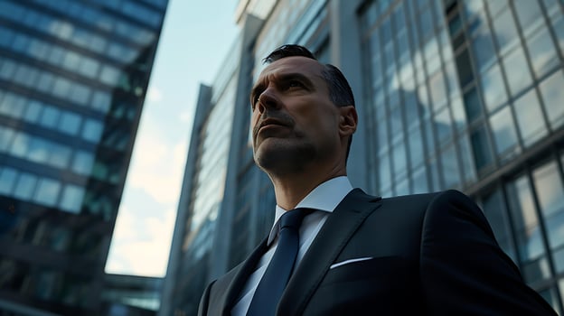 AI generated Confident Businessman Embraces Urban Scene Holding Briefcase and Checking Time with Determined Expression photo