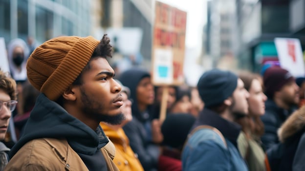 AI generated Diverse Group Demonstrates Peacefully in City Square Holding Signs and Chanting Slogans photo