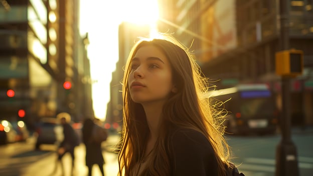 AI generated Immersed in Futuristic VR World Young Woman Explores Abstract Shapes and Colors photo