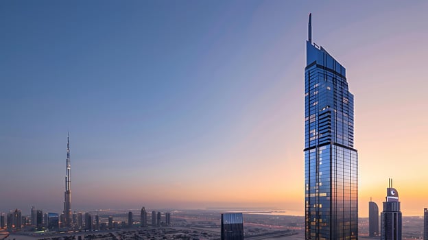 AI generated Skyscraper Tower Soars Amidst Urban Landscape Framed by Clear Blue Sky and Panoramic City Views photo