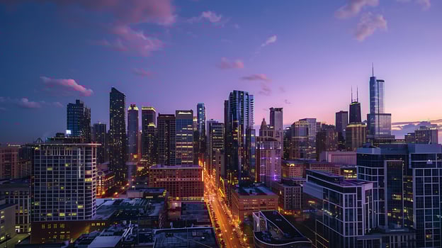 AI generated Urban Skyline Glows with Dusks Golden Light Against Darkening Sky photo