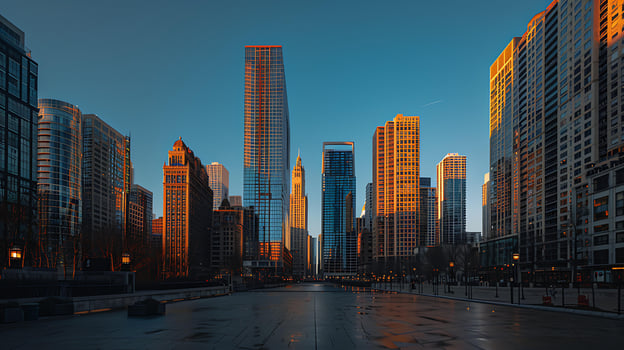 AI generated Grand City Skyline Reflects Warm Sunset Glow in Modern Buildings Against Clear Blue Sky photo
