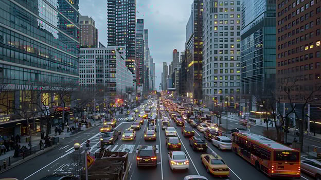 AI generated Urban Rush Wideangle View of Busy Street Life During Rush Hour photo