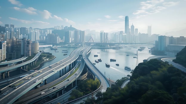 AI generated City Skyline with Riverfront Infrastructure Bridges Highways and Boats photo