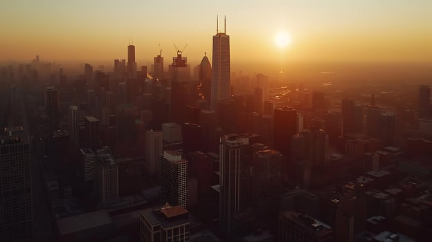 AI generated Golden Sunset Silhouettes A Telephoto View of Modern City Skyline Embracing the Warm Glow photo