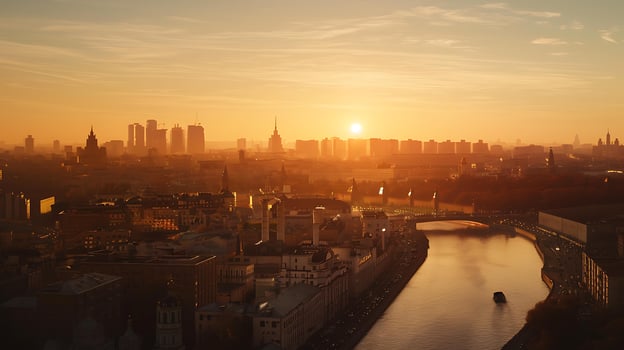 AI generated Modern City Skyline Glows in Soft Sunset Light photo