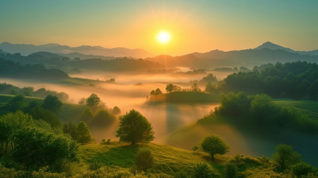 AI generated Enthusiastic sunrise bathes green valley in golden light, Ai Generated. photo