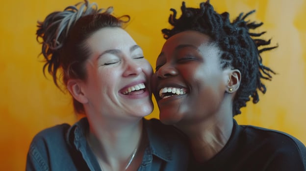 AI generated Interracial Best Friends Laughing Together. Friend, Friendship, DEIB, Diversity, Excitement, Unity photo