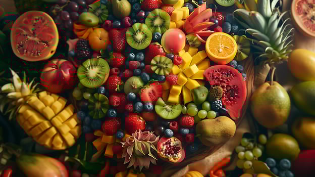 AI generated Vibrant Fruit Platter Variety of Fresh Fruits Arranged on Wooden Board with Soft Natural Light and Shallow Depth of Field photo