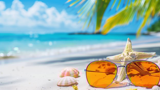 AI generated Vibrant summer beach background with sunglasses, starfish, and seashells for leisure, travel, and vacation promotions photo