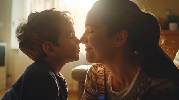 AI generated Affectionate Mother Touching Noses with Her Son. Affection, Love, Mom, Kid, Child, Mother Day photo