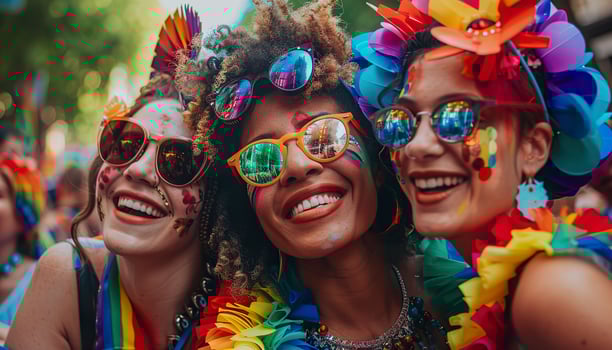 AI generated Exuberant smiles and colorful accessories as friends gather to celebrate Pride, surrounded by festive decorations. Generative AI. photo