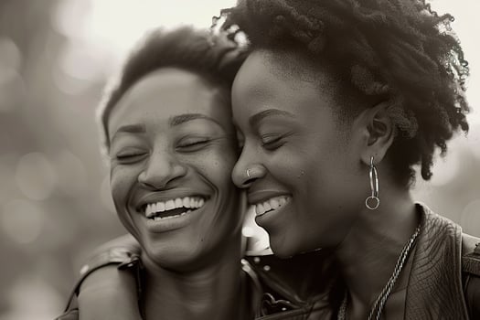 AI generated Black and white image capturing a tender moment between a smiling same-gender couples during Pride Month. Generative AI. photo
