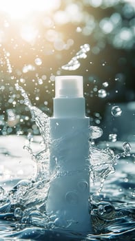 AI Generated A cosmetic bottle immersed in clean water. photo
