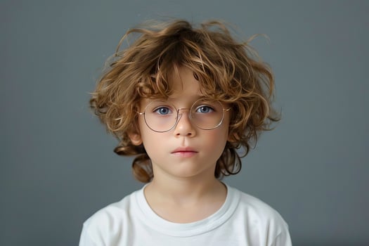 AI generated Close-up portrait of a small smart serious boy wearing glasses. AI generated. photo
