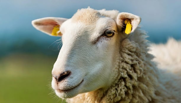 White fluffy sheep looking at camera. Young domestic animal. photo