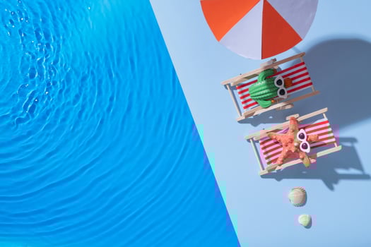 Hot summer in a beach chair by the water in the pool. Fun abstract flat lay composition, top view. photo