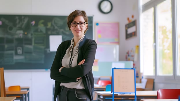 AI generated Woman Standing in Classroom With Arms Crossed. Generative AI. photo