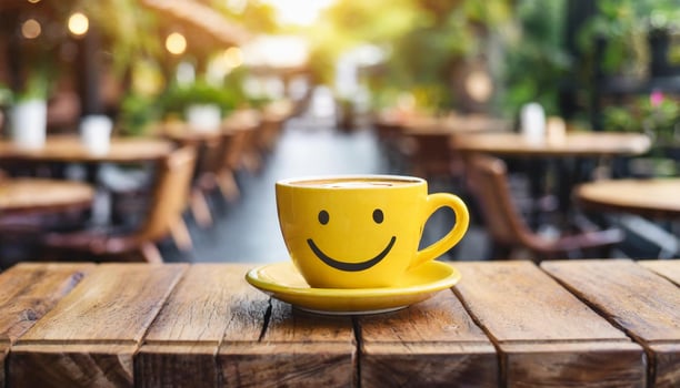 Yellow coffee cup with smiling face on wooden table at street cafe. photo