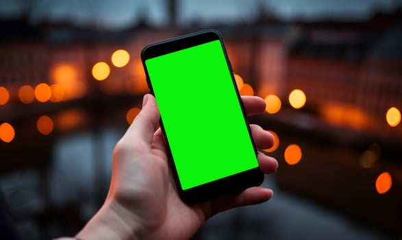 AI Generated Hand holding a smartphone with a green screen, blurred city lights in the background. Copy space. photo