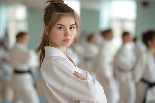 AI generated Portrait of girl in traditional clothes training experienced karate fighter club martial arts in the training room with the participants in the background photo