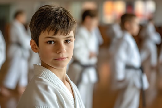 AI generated Portrait of boy in traditional clothes training experienced karate fighter club martial arts in the training room with the participants in the background photo