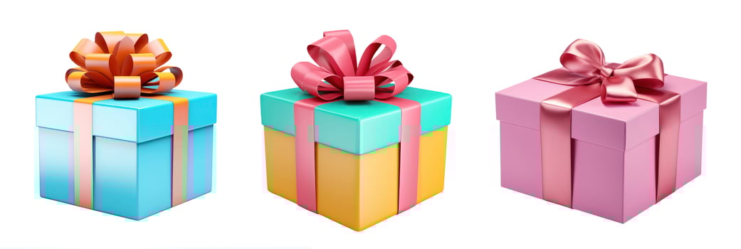 AI generated Three color gift box wrapped with gold bow and ribbon isolated on background. photo