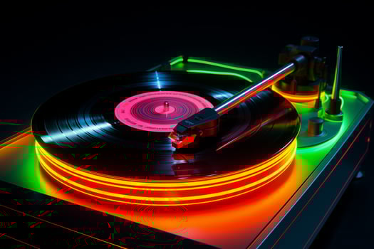 AI generated Turntable with vinyl record in nightclub. Close up view. photo