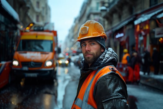 AI generated portrait of a worker in an orange helmet and a reflective vest on the background of the city street photo