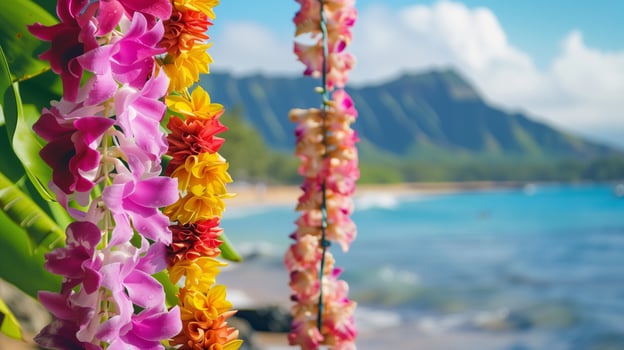 Tropical flower lei garlands over Hawaiian coastal view. Lei Day, cultural celebration in Hawaii at May 1st template with empty copy space for text photo