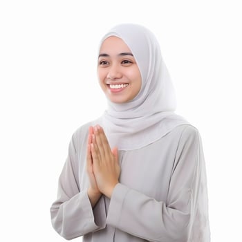 AI generated Cute young Asian girl in hijab holding a smartphone in front of a vibrant blue background photo