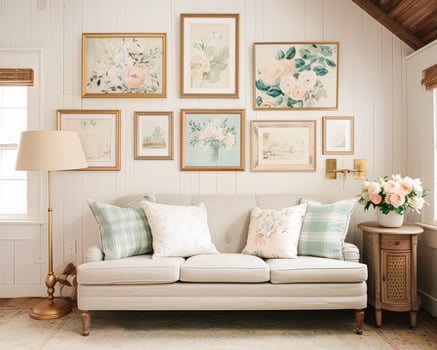 AI generated Living room gallery wall, home decor and wall art, framed art in the English country cottage interior, room for diy printable artwork mockup and print shop photo
