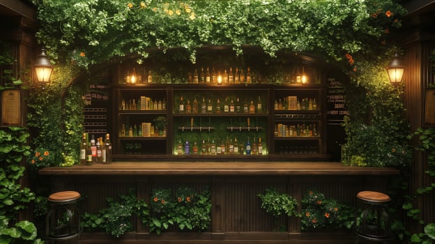 AI generated 3d rendering of a vintage St. Patrick's day bar interior with plants and flowers. photo