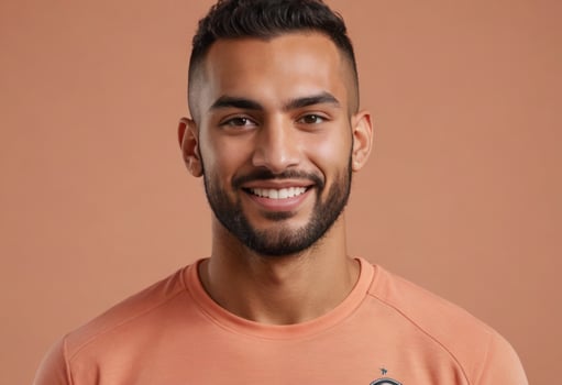 AI Generated Joyful man with a beard in a peach t-shirt. His smile reflects a positive and vibrant personality. photo