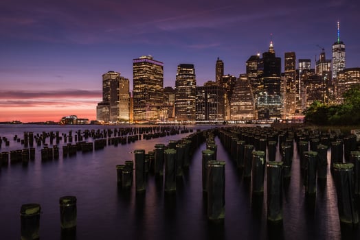 Pink sunset and the New York City skyline and lower Manhattan photo