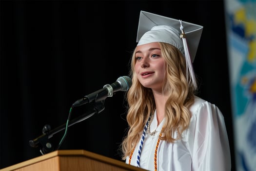AI Generated A smiling graduate gives a speech at a graduation ceremony against a blurred background photo