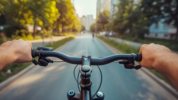 AI Generated Cyclist riding through a tree lined city street, first person view photo