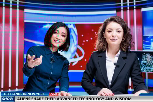 Newscasters share aliens practises after ufo lands in new york and present their advanced technology and wisdom to people. Team of tv reporters going live on morning show transmission. photo