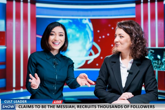 News team discuss latest events on morning show, presenting information about fanatic person claimind to be messiah and recruiting followers. Two women in newsroom broadcasting live madness. photo