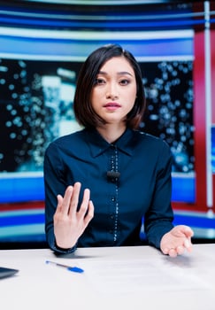 Journalist on late night show hosting entertainment and media segment using headlines to present breaking news. Woman presenter discussing about international reportage with exclusive details. photo