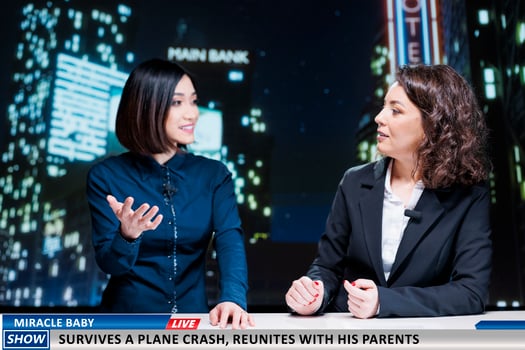 Reporters surprised about miracle events, baby reunites with his family after surviving plane crash. Journalists team presenting live information about airplane accident and survivors on television. photo