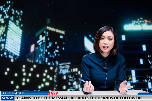 Disturbing news about cult leader recruiting followers by brainwashing them into thinking he is messiah, events presented by tv reporter. Woman night show host reading headlines. photo
