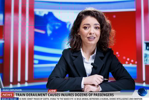 Presenter delivering news headlines on railroad accident triggered by explosion that killed or wounded riders. Live newscast reporter focuses on victims of hazardous catastrophe. photo