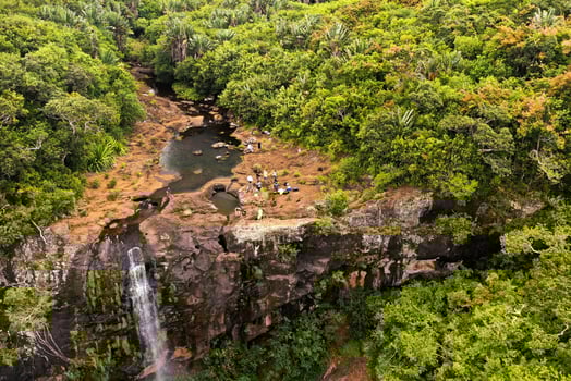 Aerial view from above of the Tamarin waterfall seven cascades in the tropical jungles of the island of Mauritius photo