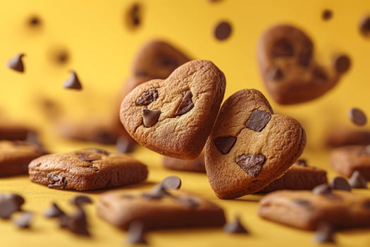 AI generated Chocolate Chip Cookies Soaring on a Yellow Canvas photo