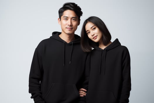 AI generated Young asian couple in blank black hoodie for clothing mockup photo