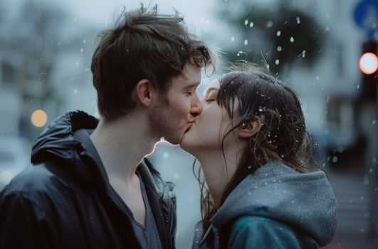 AI generated Young man and woman kissing outdoors in the rain, pure connection photo